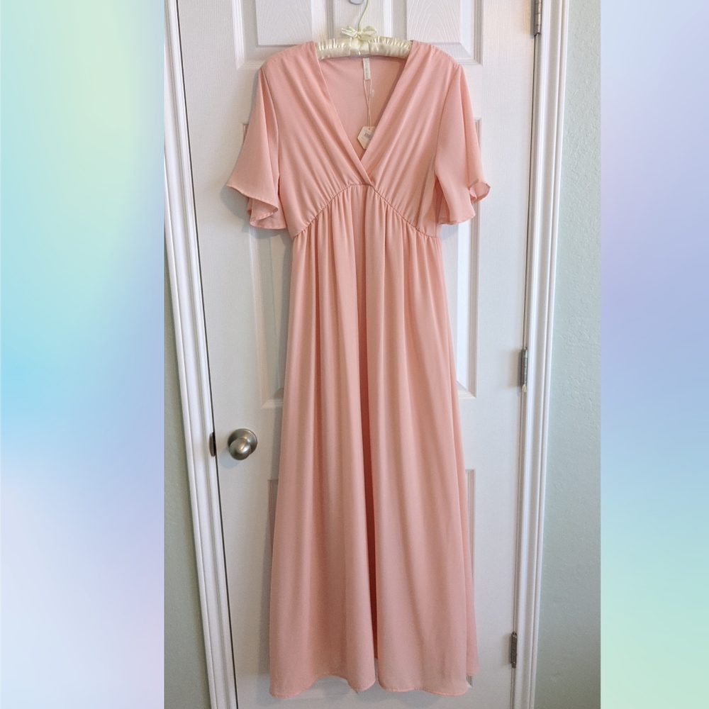 PinkBlush Pink Chiffon Bell Sleeve Maxi Dress